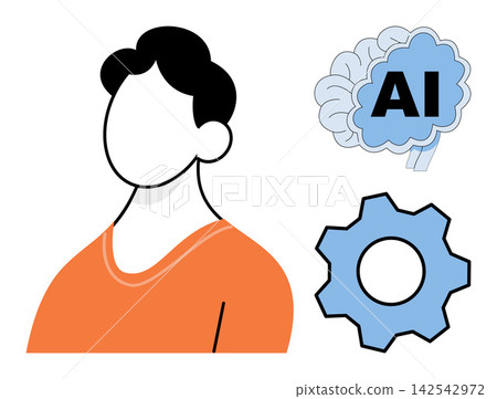 Person with an artificial intelligence brain and gear icon vector illustration. Technology, machine learning, innovation, digital transformation, automation, cognitive computing. Human thinking Person with an artificial intelligence brain and gear icon vector illustration. Technology, machine learning, innovation, digital transformation, automation, cognitive computing. Human thinking 142542972