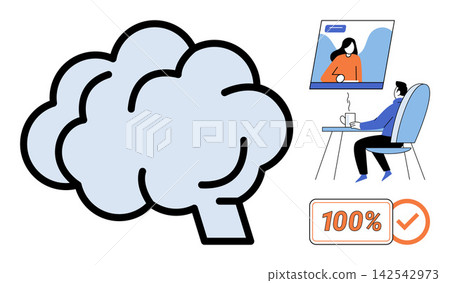 Human brain icon with a person attending a virtual therapy session vector illustration. Psychology, telehealth, remote support, cognitive health, digital medicine, wellness. Mind organ and video call Human brain icon with a person attending a virtual therapy session vector illustration. Psychology, telehealth, remote support, cognitive health, digital medicine, wellness. Mind organ and video call 142542973
