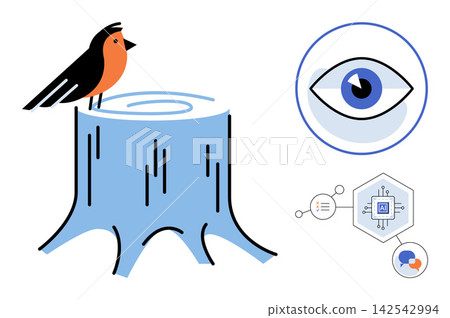 Bird on a tree stump with an eye icon and digital technology elements vector illustration. Nature observation, wildlife monitoring, environmental technology, digital surveillance, data analysis Bird on a tree stump with an eye icon and digital technology elements vector illustration. Nature observation, wildlife monitoring, environmental technology, digital surveillance, data analysis 142542994