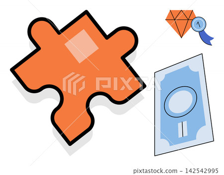 Puzzle piece with a diamond award and a banknote vector illustration. Business strategy, financial success, investment growth, problem solving, premium quality, wealth management. Jigsaw element Puzzle piece with a diamond award and a banknote vector illustration. Business strategy, financial success, investment growth, problem solving, premium quality, wealth management. Jigsaw element 142542995