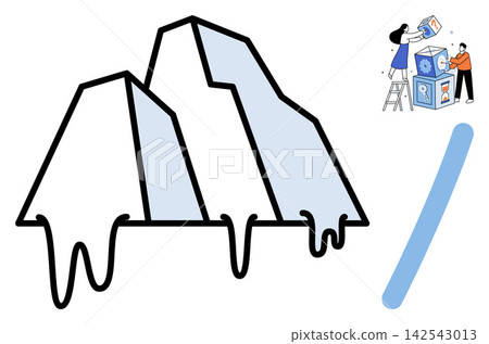 Melting iceberg and people stacking blocks vector illustration. Global warming, climate change, environmental crisis, teamwork, construction, strategy. Thawing glacier and workers assembling cubes Melting iceberg and people stacking blocks vector illustration. Global warming, climate change, environmental crisis, teamwork, construction, strategy. Thawing glacier and workers assembling cubes 142543013