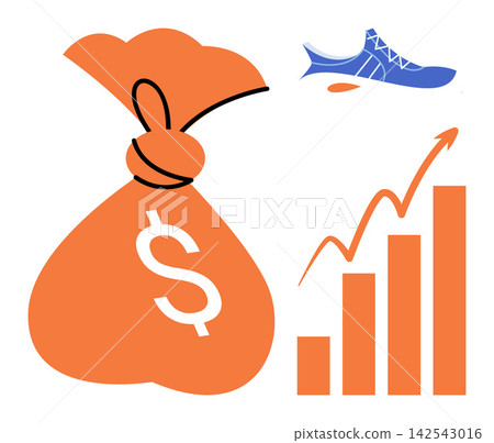 Money bag with a rising financial graph and a running shoe vector illustration. Investment, wealth growth, business strategy, financial success, career progress, active income. Capital sack Money bag with a rising financial graph and a running shoe vector illustration. Investment, wealth growth, business strategy, financial success, career progress, active income. Capital sack 142543016