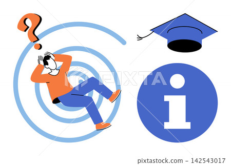 A student feeling confused with a question mark and graduation cap vector illustration. Education, academic stress, learning difficulties, information search, knowledge, university life. Person A student feeling confused with a question mark and graduation cap vector illustration. Education, academic stress, learning difficulties, information search, knowledge, university life. Person 142543017