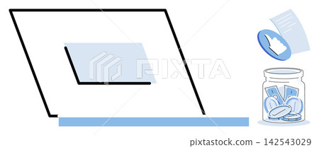 Laptop with a savings jar and digital icon vector illustration. Financial growth, passive income, remote work, online business, investment strategy, money management. Computer with cash container Laptop with a savings jar and digital icon vector illustration. Financial growth, passive income, remote work, online business, investment strategy, money management. Computer with cash container 142543029