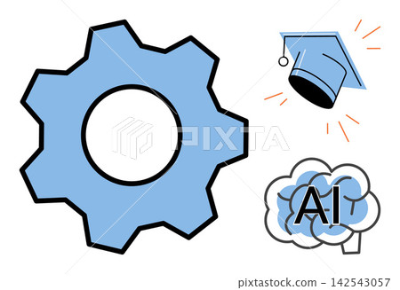 Gear icon with graduation cap and brain symbol vector illustration. Education, technology, machine learning, artificial intelligence, innovation, development. Cogwheel with academic hat and mind Gear icon with graduation cap and brain symbol vector illustration. Education, technology, machine learning, artificial intelligence, innovation, development. Cogwheel with academic hat and mind 142543057
