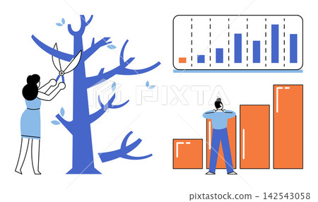 People pruning a tree and analyzing bar charts vector illustration. Business growth, performance optimization, data analysis, strategic planning, corporate development, efficiency. Employees managing People pruning a tree and analyzing bar charts vector illustration. Business growth, performance optimization, data analysis, strategic planning, corporate development, efficiency. Employees managing 142543058