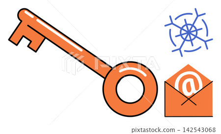 Orange key with an email envelope and network icon vector illustration. Cybersecurity, data protection, digital communication, internet privacy, secure access, information technology. Unlock tool Orange key with an email envelope and network icon vector illustration. Cybersecurity, data protection, digital communication, internet privacy, secure access, information technology. Unlock tool 142543068
