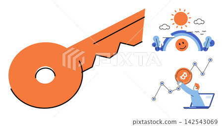 Orange key and business growth vector illustration. Financial success, investment strategy, digital currency, market analysis, wealth management, crypto trading. Security symbol and profit Orange key and business growth vector illustration. Financial success, investment strategy, digital currency, market analysis, wealth management, crypto trading. Security symbol and profit 142543069