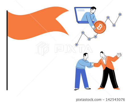Business growth and financial success vector illustration. Cryptocurrency investment, partnership, goal achievement, market analysis, corporate strategy, professional networking. Financial progress 142543076