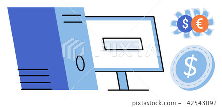 Computer system with monitor and currency icons vector illustration. Online banking, digital finance, electronic payment, global economy, investment, internet commerce. Desktop PC and money symbols Computer system with monitor and currency icons vector illustration. Online banking, digital finance, electronic payment, global economy, investment, internet commerce. Desktop PC and money symbols 142543092