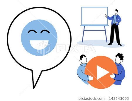 Business communication and feedback vector illustration set. Teamwork, corporate training, customer satisfaction, digital marketing, project management, social media. Professional office interaction Business communication and feedback vector illustration set. Teamwork, corporate training, customer satisfaction, digital marketing, project management, social media. Professional office interaction 142543093
