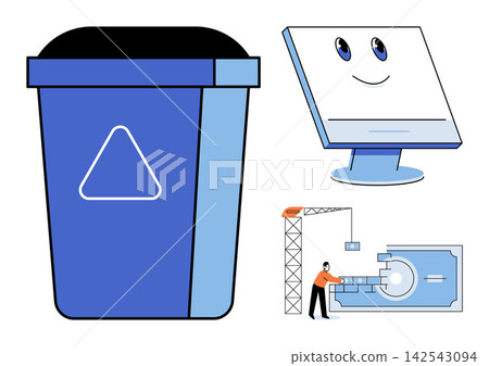 Recycle bin, computer monitor, and safe construction vector illustration. Data management, cybersecurity, digital cleanup, storage, infrastructure, protection. Trash can screen vault Recycle bin, computer monitor, and safe construction vector illustration. Data management, cybersecurity, digital cleanup, storage, infrastructure, protection. Trash can screen vault 142543094