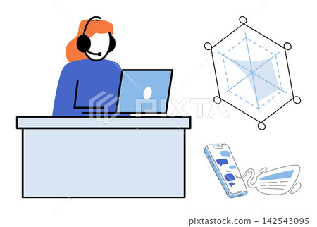 Customer support with headset and laptop vector illustration. Business communication, data analysis, remote work, technical support, digital marketing, customer service. Operator working at desk 142543095