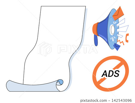 Blank paper scroll with a megaphone and no ads sign vector illustration. Marketing, advertising, communication, promotion, announcement, digital detox. Empty parchment with loudspeaker Blank paper scroll with a megaphone and no ads sign vector illustration. Marketing, advertising, communication, promotion, announcement, digital detox. Empty parchment with loudspeaker 142543096