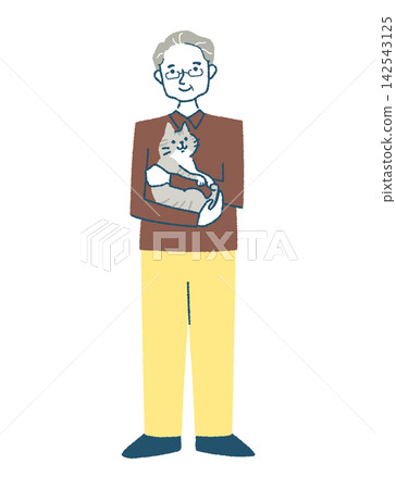 A smiling senior man holding a cat. A smiling senior man holding a cat. 142543125