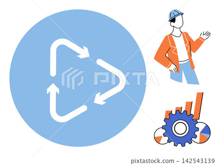 Industrial engineering process and workflow management vector illustration. Sustainability, production efficiency, construction planning, resource optimization, business growth, project development Industrial engineering process and workflow management vector illustration. Sustainability, production efficiency, construction planning, resource optimization, business growth, project development 142543139