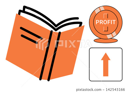 Open book with a profit coin and an upward arrow icon vector illustration. Financial literacy, business growth, investment education, market analysis, wealth management, success strategy. Textbook Open book with a profit coin and an upward arrow icon vector illustration. Financial literacy, business growth, investment education, market analysis, wealth management, success strategy. Textbook 142543166