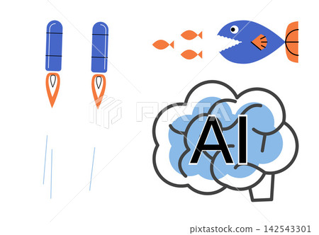Rocket launch and big fish eating small fish with brain AI icon vector illustration. Innovation, competition, business strategy, machine learning, market disruption, technology growth. Startup Rocket launch and big fish eating small fish with brain AI icon vector illustration. Innovation, competition, business strategy, machine learning, market disruption, technology growth. Startup 142543301