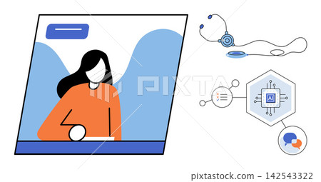 Woman doctor using digital technology vector illustration. Medical innovation, machine learning, remote diagnostics, healthcare automation, data analysis, patient care. Physician utilizing AI Woman doctor using digital technology vector illustration. Medical innovation, machine learning, remote diagnostics, healthcare automation, data analysis, patient care. Physician utilizing AI 142543322
