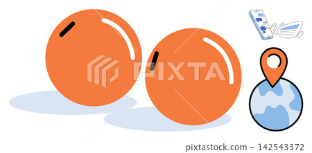 Two orange spheres and a world map location pin icon vector illustration. Navigation, logistics, global tracking, travel, geography, digital communication. Round shapes and earth marker Two orange spheres and a world map location pin icon vector illustration. Navigation, logistics, global tracking, travel, geography, digital communication. Round shapes and earth marker 142543372