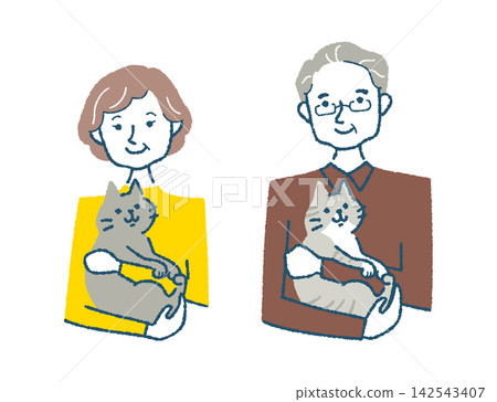 A smiling senior woman and senior man couple holding a cat. 142543407