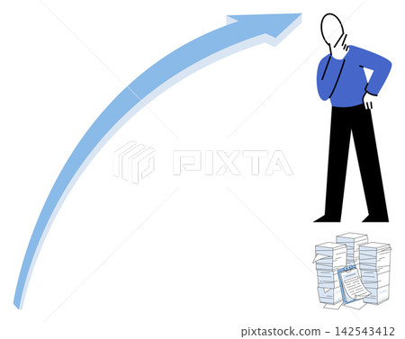 Man thinking near a growing arrow and stacks of documents vector illustration. Business growth, productivity, office management, career development, strategy, planning. Person contemplating progress Man thinking near a growing arrow and stacks of documents vector illustration. Business growth, productivity, office management, career development, strategy, planning. Person contemplating progress 142543412