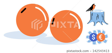 Two orange spheres, a bird on a tree stump, and currency symbols vector illustration. Economics, nature, finance, business, environment, investment. Round shapes, avian, wood money coins Two orange spheres, a bird on a tree stump, and currency symbols vector illustration. Economics, nature, finance, business, environment, investment. Round shapes, avian, wood money coins 142543413