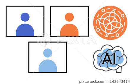 Video call interface with user avatars and artificial intelligence brain icon vector illustration. Remote communication, digital networking, virtual meeting, machine learning, technology, innovation 142543414