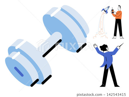 Dumbbell, rocket launch, and music conductor vector illustration. Fitness training, startup success, creative leadership, orchestral performance, goal achievement, artistic direction. Weightlifting Dumbbell, rocket launch, and music conductor vector illustration. Fitness training, startup success, creative leadership, orchestral performance, goal achievement, artistic direction. Weightlifting 142543415