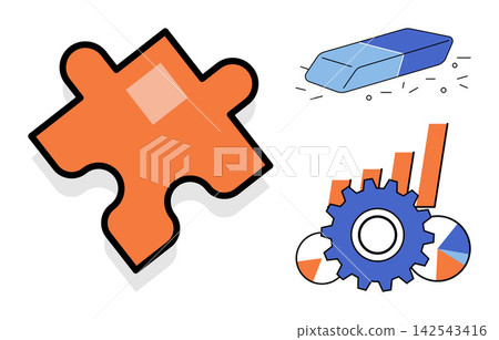 Puzzle piece eraser and gear chart vector illustration. Problem solving, business strategy, data analysis, project management, creative thinking, development. Jigsaw element rubber tool 142543416