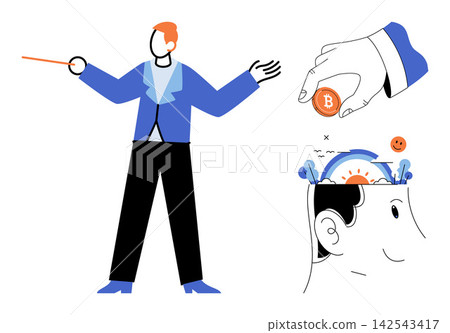 A conductor leading a team with bitcoin and positive mindset vector illustration. Financial growth, investment strategy, mental health, leadership, success, creative thinking. Orchestrator managing A conductor leading a team with bitcoin and positive mindset vector illustration. Financial growth, investment strategy, mental health, leadership, success, creative thinking. Orchestrator managing 142543417
