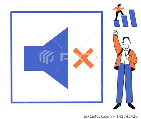 Mute sound icon and successful person climbing growth chart vector illustration. Silence, business growth, achievement, career development, mute mode, professional success. Speaker off symbol and man Mute sound icon and successful person climbing growth chart vector illustration. Silence, business growth, achievement, career development, mute mode, professional success. Speaker off symbol and man 142543420