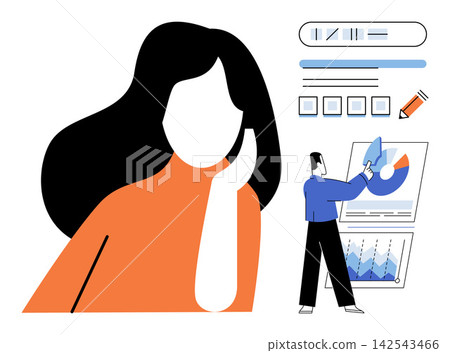 Woman watching a man analyzing business charts and data vector illustration. Strategy, marketing, management, productivity, teamwork, planning. Female observer and male analyst working Woman watching a man analyzing business charts and data vector illustration. Strategy, marketing, management, productivity, teamwork, planning. Female observer and male analyst working 142543466