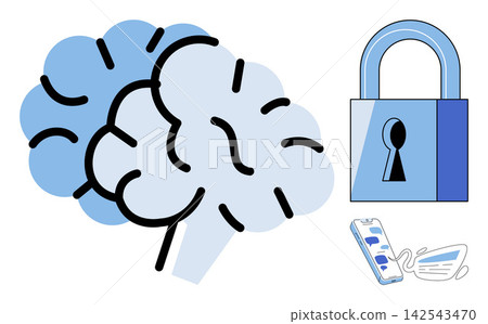 Human brain with a padlock and smartphone vector illustration. Data security, mental health privacy, digital protection, cyber safety, information encryption, cognitive wellness. Mind icon with lock Human brain with a padlock and smartphone vector illustration. Data security, mental health privacy, digital protection, cyber safety, information encryption, cognitive wellness. Mind icon with lock 142543470
