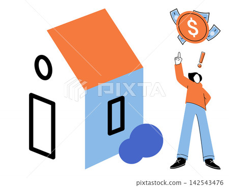 Person pointing at money and a house icon vector illustration. Real estate investment, property market, mortgage planning, financial savings, housing budget, home ownership. Individual gesturing Person pointing at money and a house icon vector illustration. Real estate investment, property market, mortgage planning, financial savings, housing budget, home ownership. Individual gesturing 142543476