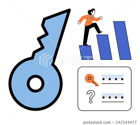 Person climbing growth bars with a key and password login vector illustration. Career advancement, digital security, goal achievement, data protection, professional development, access control Person climbing growth bars with a key and password login vector illustration. Career advancement, digital security, goal achievement, data protection, professional development, access control 142543477