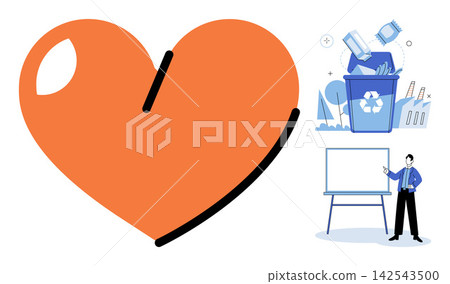 Heart shape recycling bin and man presenting at a whiteboard vector illustration. Ecology, waste management, sustainability, education, corporate training, environmental awareness. Love icon trash Heart shape recycling bin and man presenting at a whiteboard vector illustration. Ecology, waste management, sustainability, education, corporate training, environmental awareness. Love icon trash 142543500