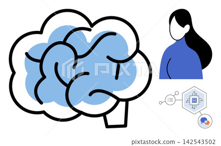 Human character with a brain icon and digital technology elements vector illustration. Machine learning, cognitive computing, neural network, data analysis, smart technology, digital mind. Person Human character with a brain icon and digital technology elements vector illustration. Machine learning, cognitive computing, neural network, data analysis, smart technology, digital mind. Person 142543502