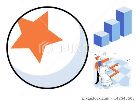 Business strategy and performance growth vector illustration. Success, achievement, planning, leadership, development, marketing. Strategic management concept with chess piece and bar chart Business strategy and performance growth vector illustration. Success, achievement, planning, leadership, development, marketing. Strategic management concept with chess piece and bar chart 142543503