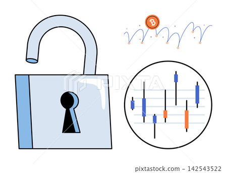 Open padlock with bitcoin price trend and candlestick chart vector illustration. Cryptocurrency trading, financial security, market analysis, investment growth, digital assets, data privacy. Unlocked 142543522