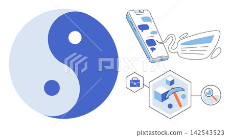 Yin yang symbol with smartphone messaging and data mining icons vector illustration. Balance, communication, business strategy, digital analysis, harmony, research. Dualism sign with mobile chat 142543523