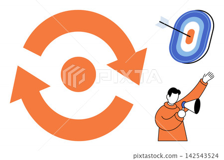 Refresh arrows target and person with megaphone vector illustration. Marketing strategy, business growth, communication, goal achievement, digital advertising, brand promotion. Reload symbol 142543524