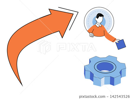Person placing a gear component with an upward arrow vector illustration. Productivity, workflow, engineering, development, management, industrial progress. Man inserting cogwheel part Person placing a gear component with an upward arrow vector illustration. Productivity, workflow, engineering, development, management, industrial progress. Man inserting cogwheel part 142543526