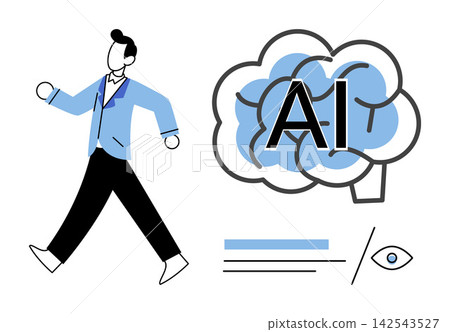 Man walking towards an artificial intelligence brain icon vector illustration. Technology, innovation, machine learning, digital transformation, future progress, data analysis. Person moving to AI Man walking towards an artificial intelligence brain icon vector illustration. Technology, innovation, machine learning, digital transformation, future progress, data analysis. Person moving to AI 142543527