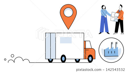 Delivery truck with location pin and team assembling puzzle pieces vector illustration. Logistics, supply chain, transportation, business partnership, distribution, industrial manufacturing. Freight Delivery truck with location pin and team assembling puzzle pieces vector illustration. Logistics, supply chain, transportation, business partnership, distribution, industrial manufacturing. Freight 142543532