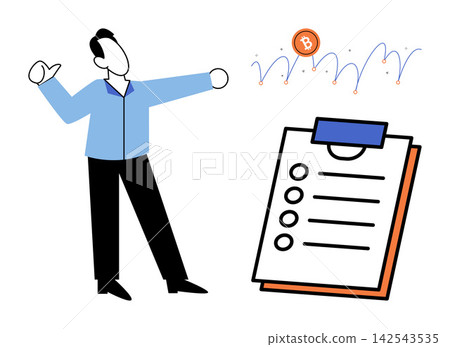 Man pointing at a bitcoin price trend and checklist vector illustration. Cryptocurrency, financial planning, investment strategy, market analysis, digital assets, business growth. Investor gesturing Man pointing at a bitcoin price trend and checklist vector illustration. Cryptocurrency, financial planning, investment strategy, market analysis, digital assets, business growth. Investor gesturing 142543535