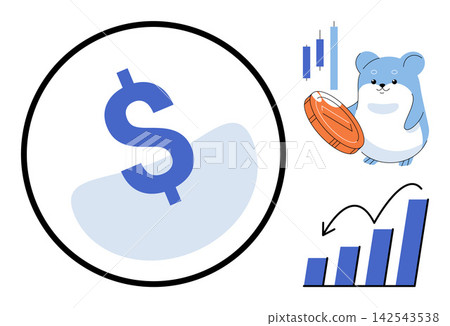 Hamster holding a coin with financial growth charts and a dollar sign vector illustration. Investment, trading, cryptocurrency, savings, economy, wealth management. Rodent with currency 142543538