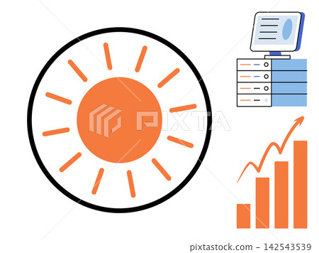Solar sun icon with data server and rising bar chart vector illustration. Renewable energy, business growth, power analytics, sustainable investment, digital infrastructure, market success. Sun Solar sun icon with data server and rising bar chart vector illustration. Renewable energy, business growth, power analytics, sustainable investment, digital infrastructure, market success. Sun 142543539
