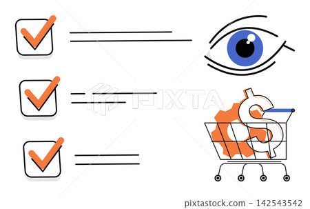 Checklist with checkmarks, human eye, and shopping cart with dollar sign vector illustration. Consumer behavior, market research, visual analysis, shopping habits, retail strategy, data tracking 142543542