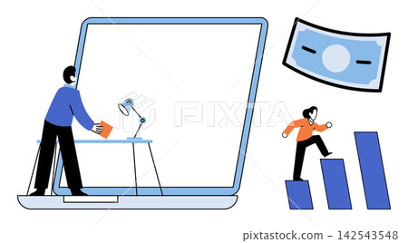 People working on laptop and climbing growth chart vector illustration. Career development, financial success, remote work, business strategy, professional growth, digital marketing. Employees using 142543548